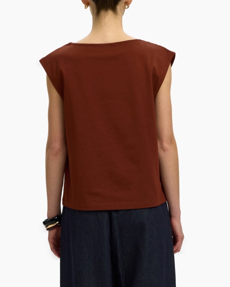 top zonder mouwen, roestkleur, egale/egale stof, katoenmix, casual blouse