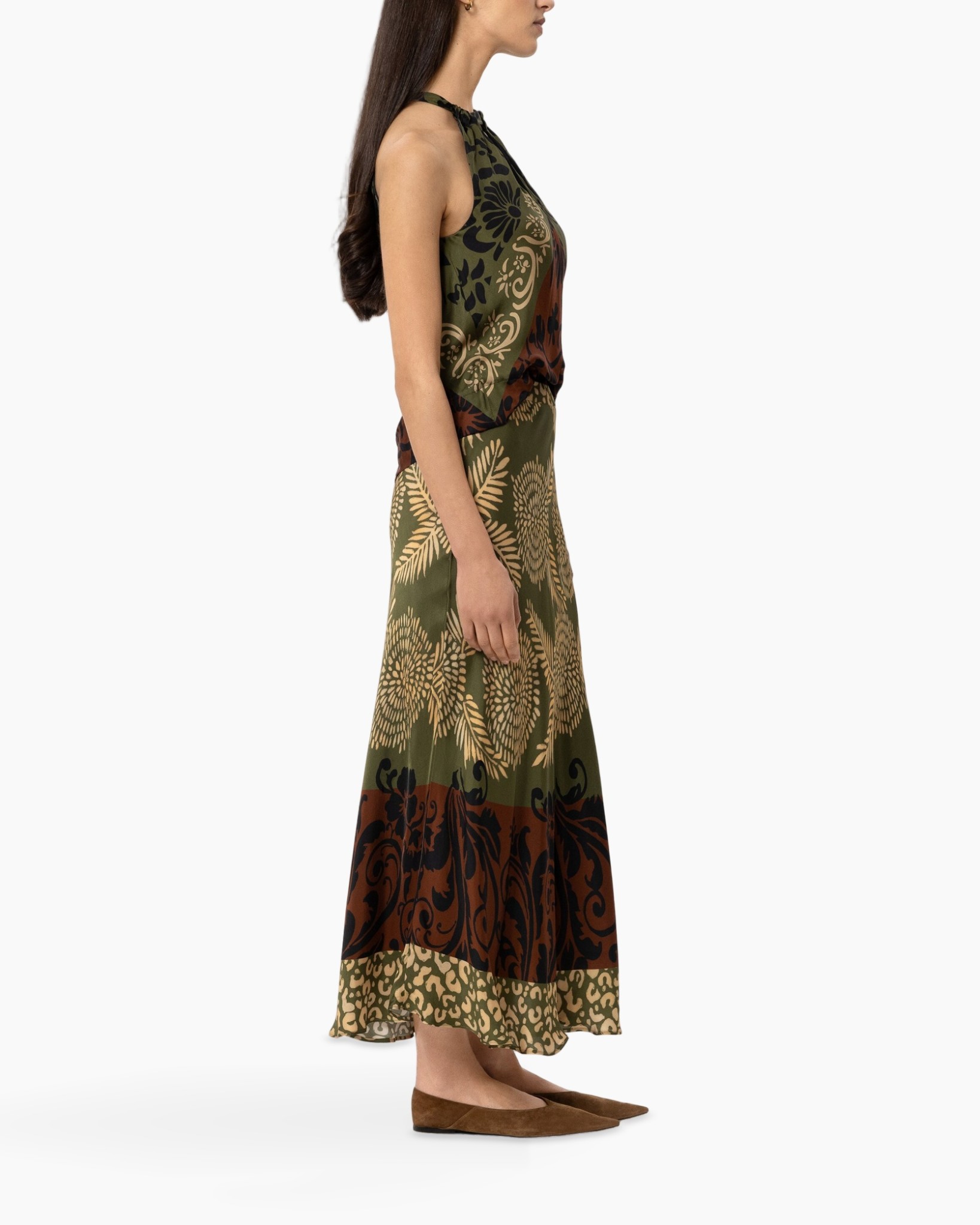 maxi jurk, bloemenpatroon,  sleeveless, ankellengte, aardetinten