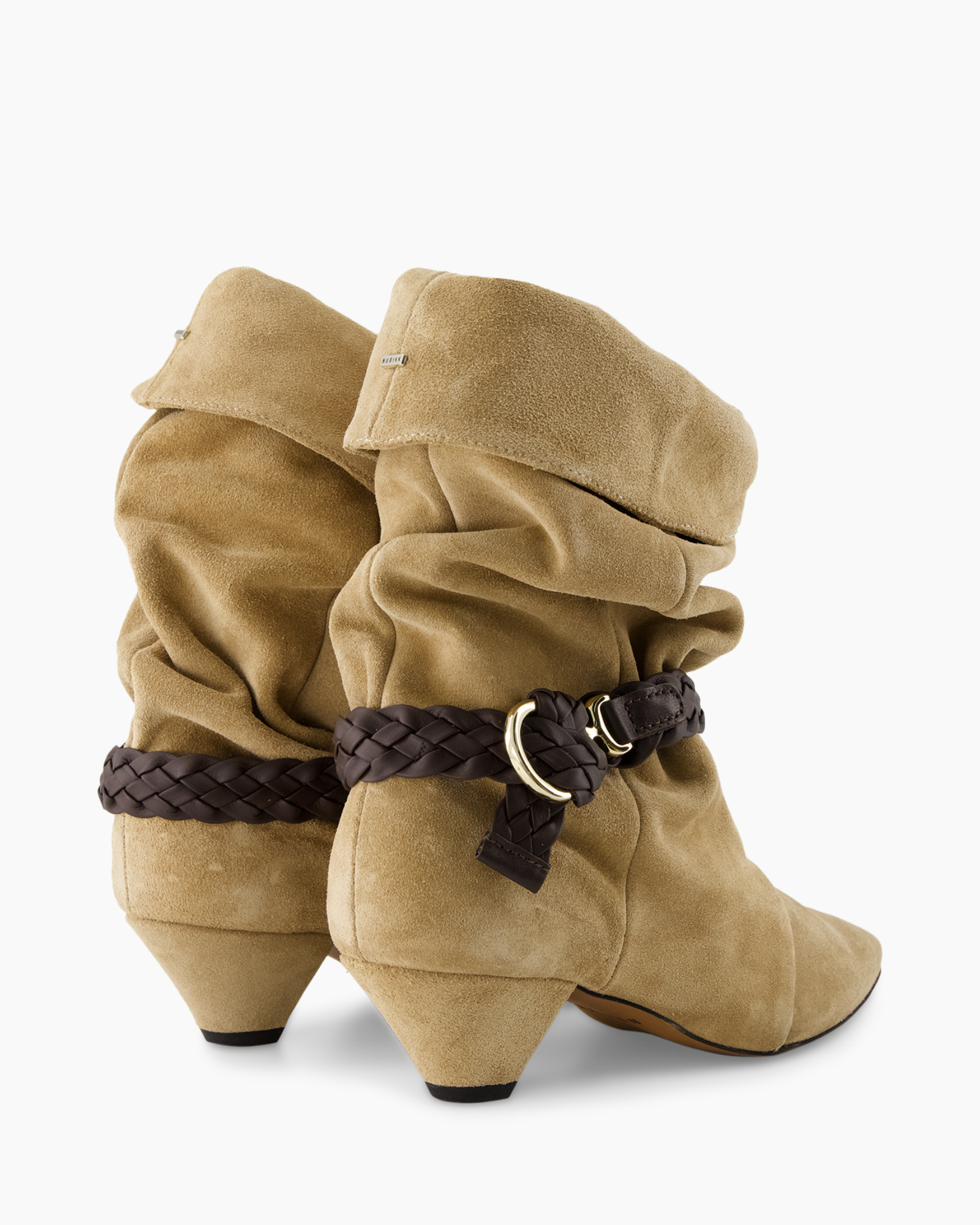 enkellaarzen, suede, tan, gevlochten riempje, middelhoge hak