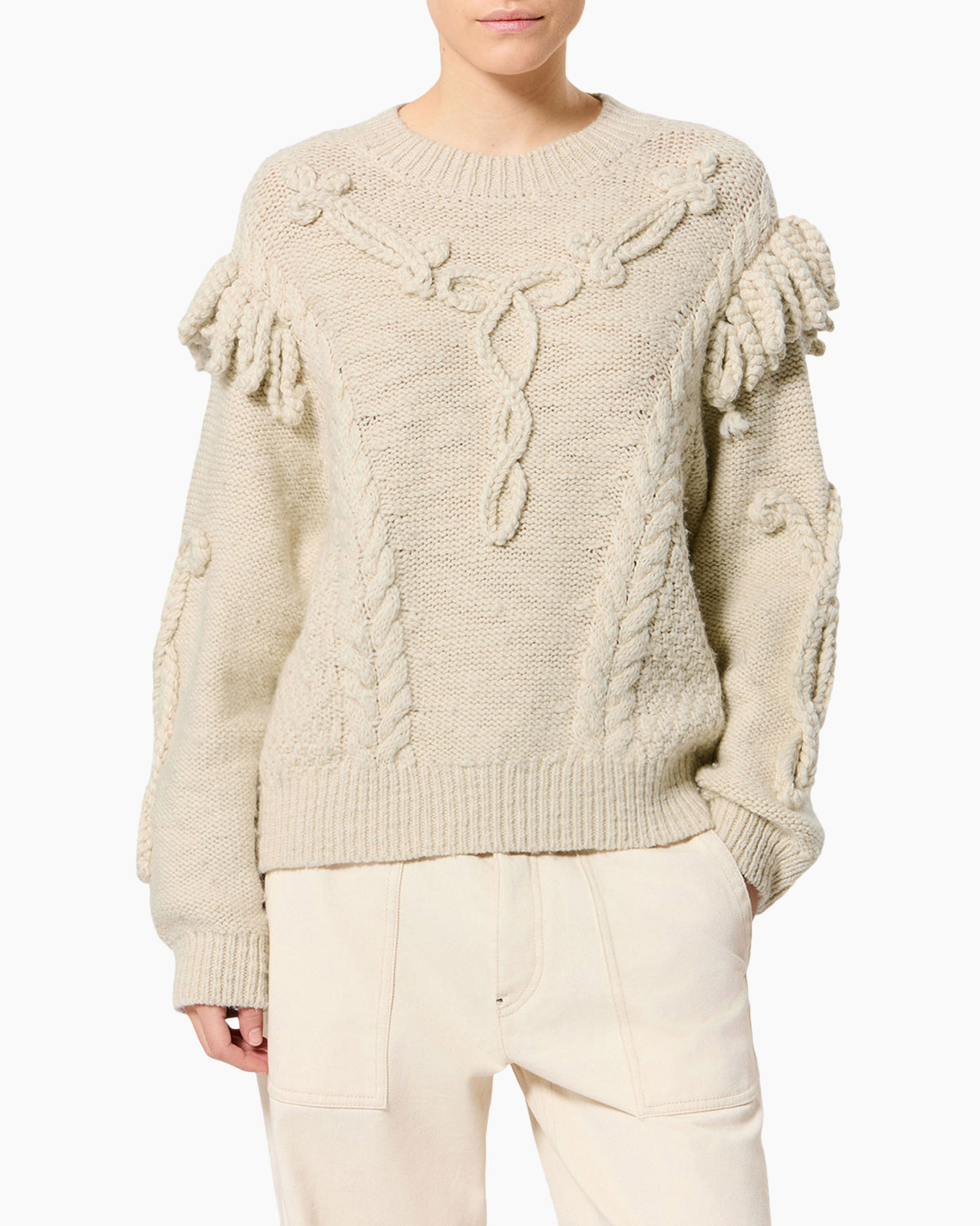 trui gebreid, rond hals, kabeltrui, beige, losvallend fit