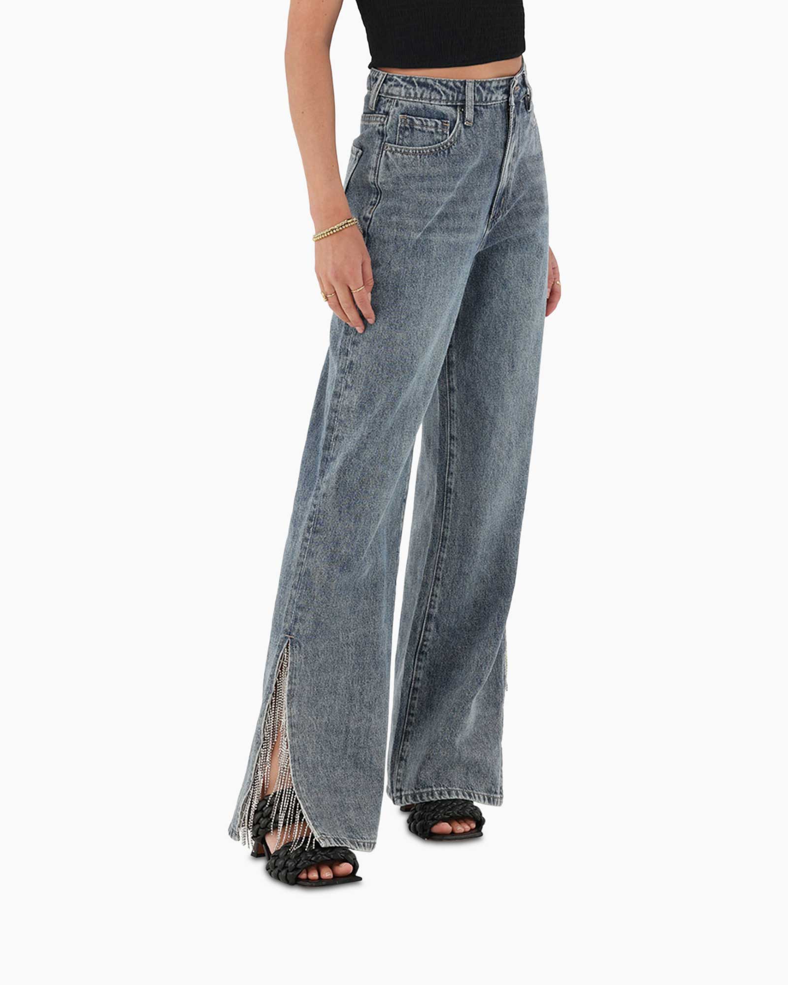 Broek Denim Jeans With Strass Fringes Blauw