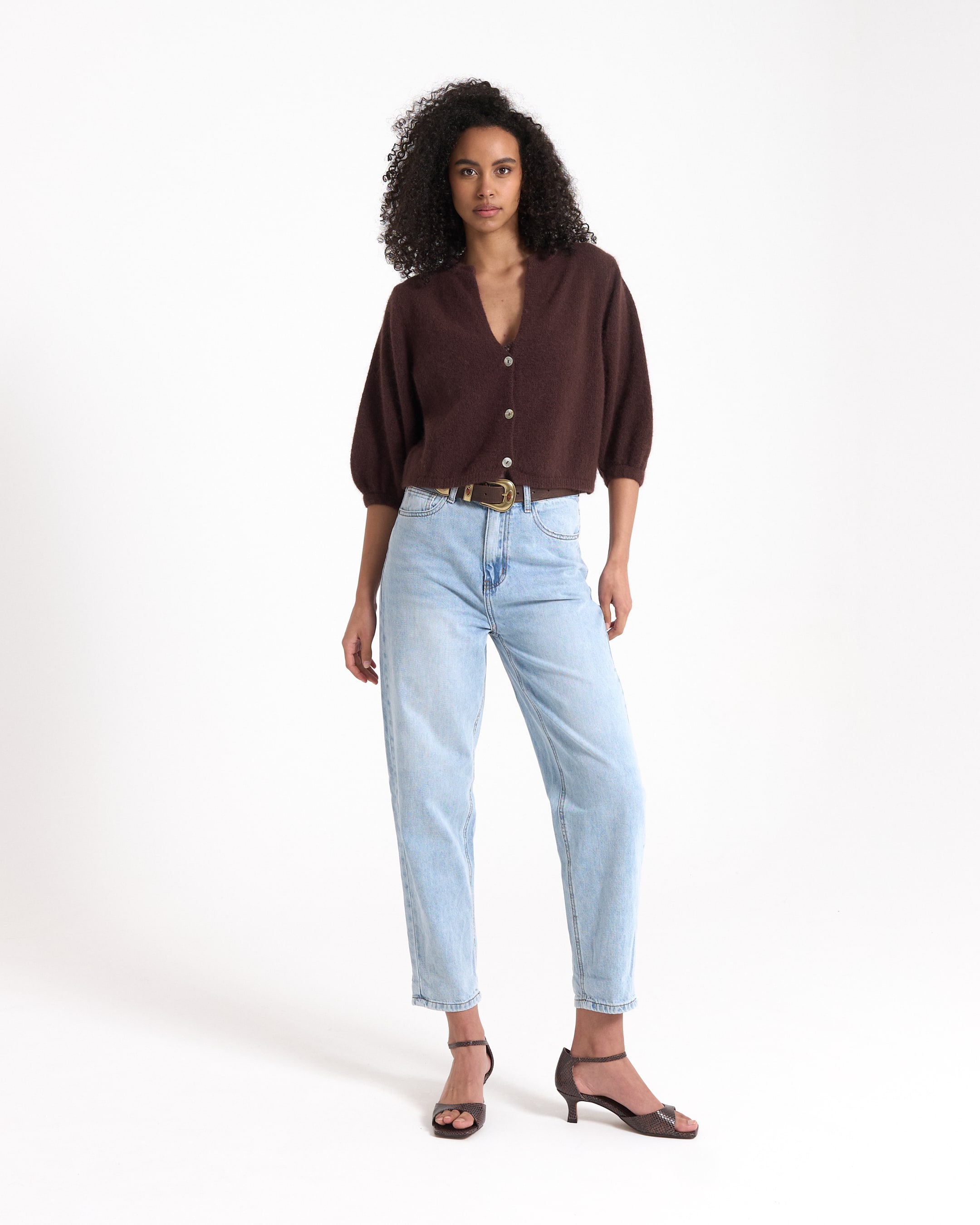 cardigan, brown, v-neck, buttons, long-sleeve