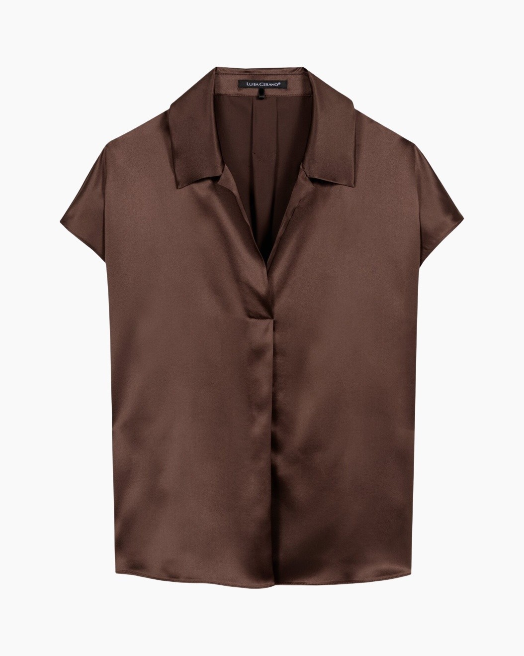 zijden top, korte mouwen, bruin, kraag, open voorkant