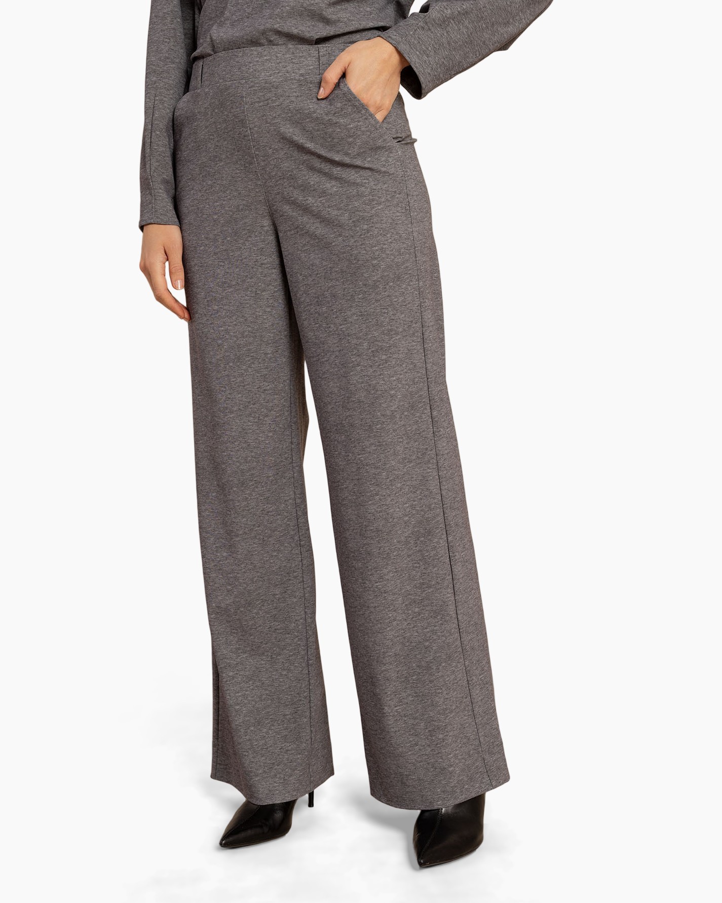 broek met wijde pijpen, grijs, gebreide stof, hoge taille, zijzakken