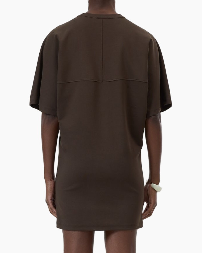 t-shirt dress, brown, short sleeve, knee-length, cropped bag