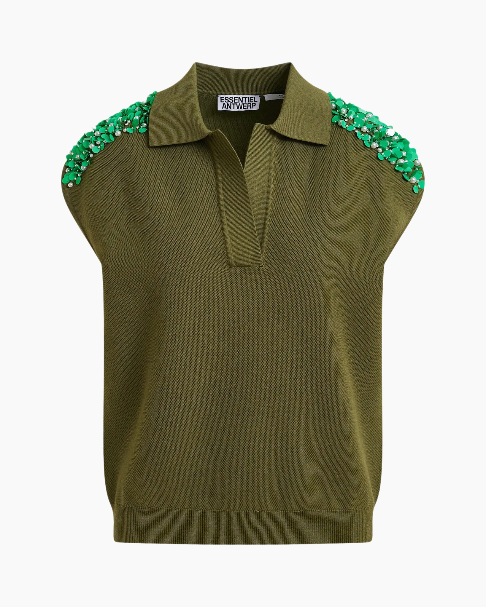knitted polo, olive green, embellished shoulders, sleeveless polo, polo knit vest