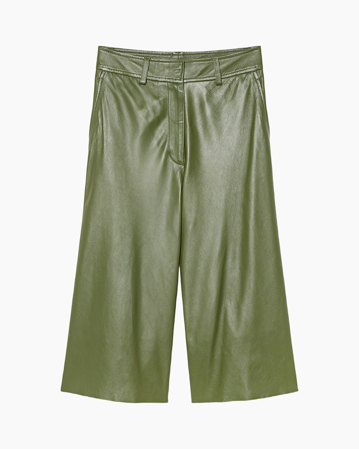 groen, broek, wijdereleg, leerachtig, tailleband